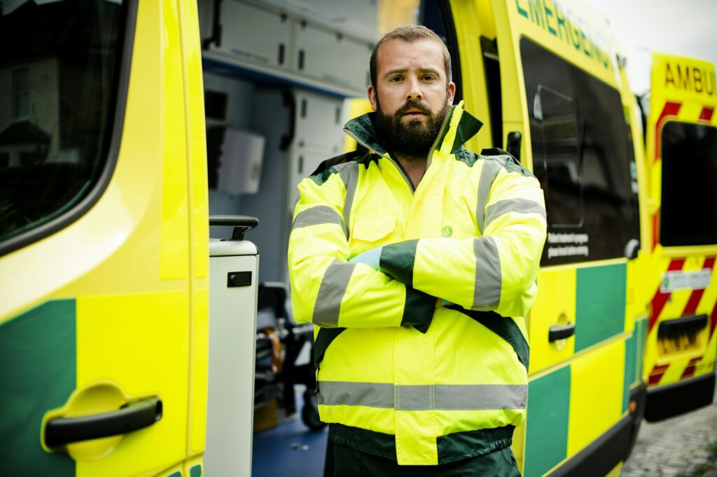 Paramedics at work with an ambulance